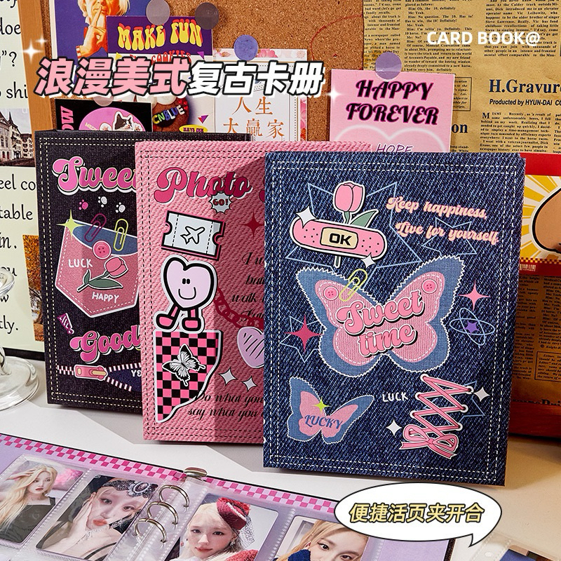พร้อมส่ง แฟ้มลายยีนส์ Sweet time ผีสื้อ,แมวดำ (แฟ้ม+ไส้20แผ่น) A5 6ห่วง แฟ้มเก็บเงิน เก็บการ์ด (BB)