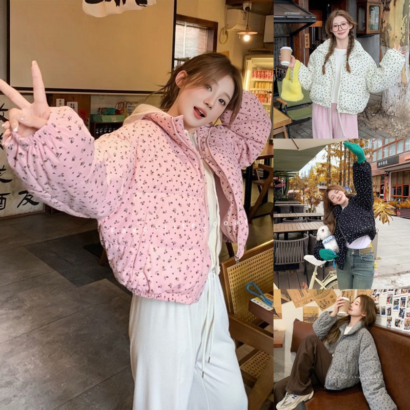 corduroy flower พร้อมส่ง เสื้อโค้ทกันหนาว แจ็คเก็ตผ้าลูกฟูกลายดอกไม้ เป็นทรงครอปพองๆ สม็อคชายเสื้อและปลายแขนเสื้อ