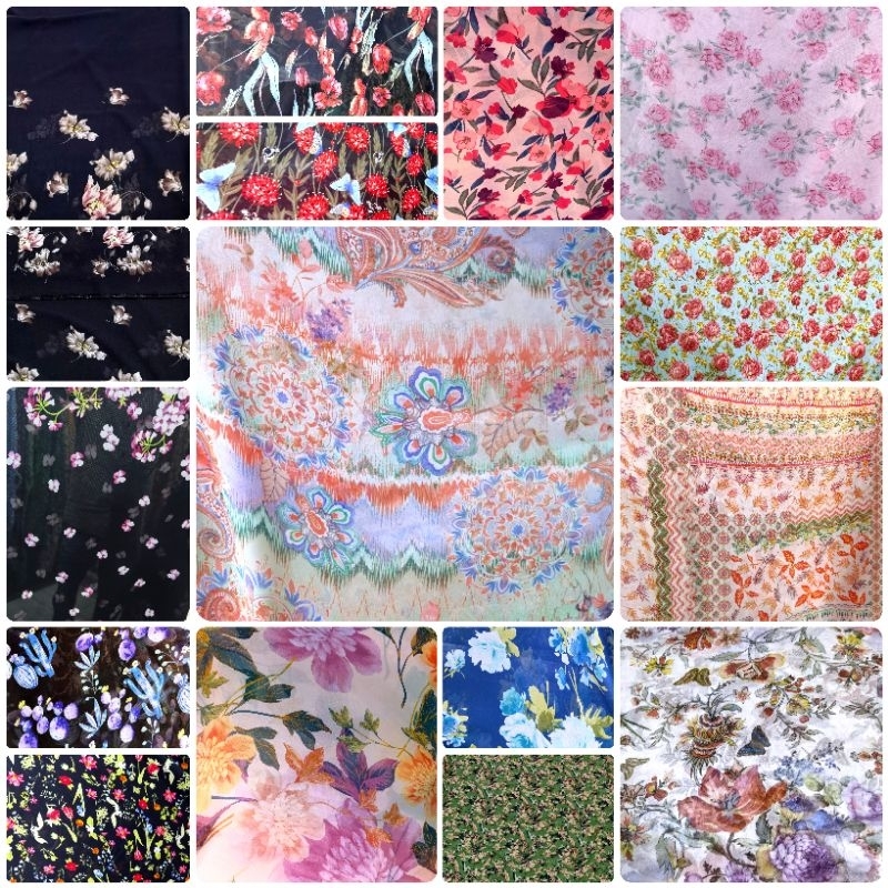ชีฟองญี่ปุ่น ผ้าชิ้น ผ้าปลายไม้ ตัดเดรส ตัดกระโปรง ลายดอก สีดำ สีเขียว สีกรม กุหลาบ chiffon fabric