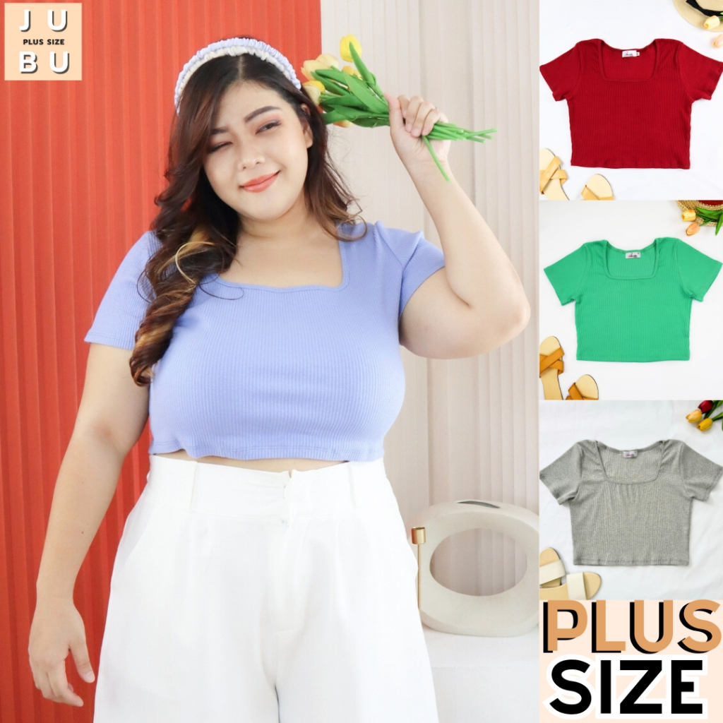พร้อมส่ง เสื้อครอปผ้าร่องคอเหลี่ยมแขนสั้น เสื้อพลัสไซส์ ผ้าร่องญี่ปุ่นเกรดพรีเมี่ยม plussize#499