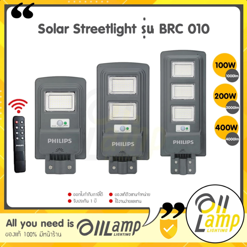 Philips โคมไฟถนนโซล่าเซลล์ 100w 200w 400w Solar streetlight รุ่น BRC010 ของแท้ ประกันศูนย์ 1 ปี