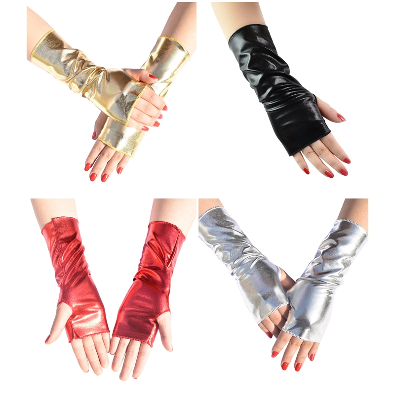 ถุงมือแบบเปิดนิ้ว ผ้ามันเงาเล่นแสง ถุงมือดรัมเมเยอร์ มีสีแดง สีดำ สีเงิน สีทอง