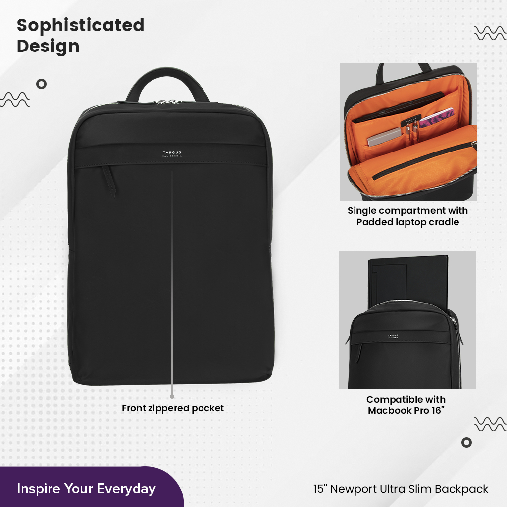 Targus Newport Ultra Slim Backpack 15” (TBB598) กระเป๋าสำหรับใส่โน๊ตบุ๊ค/Macbook Pro ดีไซน์สวย ทนทาน