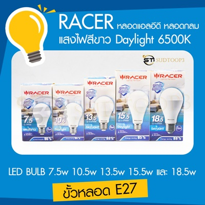 RACER หลอดแอลอีดี หลอดไฟ หลอดกลม LED BULB 7.5w 10.5w 13.5w 15.5w และ 18.5w ขั้วหลอด E27 แสงไฟสีขาว Daylight 6500K