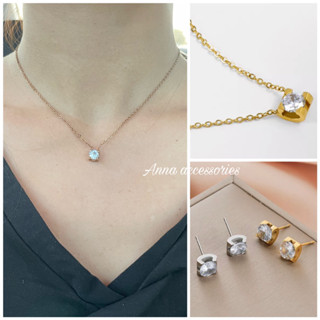 lovely necklace and earrings stainless steel |สร้อยคอ+ต่างหูประดับเพชรงานสแตนเลส ไม่ลอกไม่ดำ โดนน้ำโดนเหงื่อได้