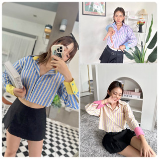 Crop shirts เชิ้ตลายริ้วสีทูโทนแต่งปลายแขน