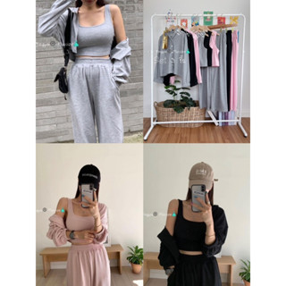 ชุดSet 3 ชิ้น เสื้อกล้ามครอป+เสื้อคลุมมีฮู้ด+กางเกงขายาว ไซส์ใหญ่ plussize