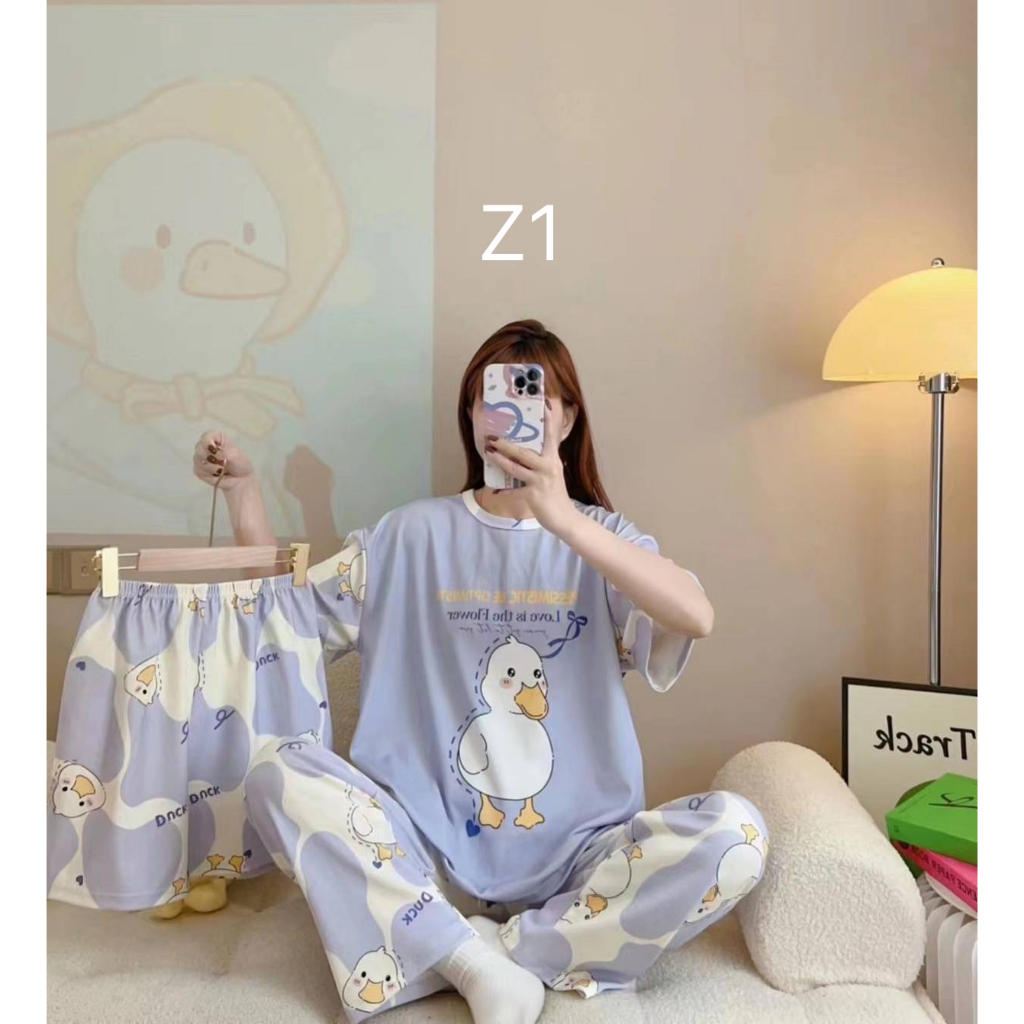 Z1-ชุดนอนผ้าคอตตอนยืดเนื้อนุ่มเสื้อยืดแขนสั้น + กางเกงขาสั้น + กางเกงขายาวชุด 3 ชิ้น