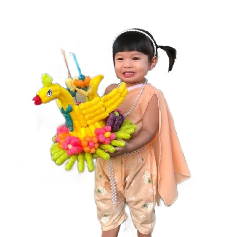 ชุดไทยเด็กหญิง ชุดไทยสไบ โจงกระเบน สีส้มไซซ์S มือสอง