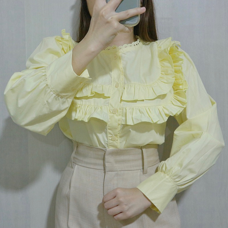 gp-0345 เสื้อเชิ้ตคอกลมแต่งลูกไม้ ดีเทลระบายหน้าสองชั้นน่ารัก