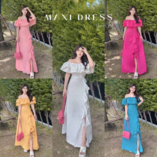 Ppickme•MaxiDress เดรสปาดไหล่ระบาย 2 ชั้น ผ่าหน้าแต่งระบาย ฟรีไซส์มีสายผูกหลังปรับเข้ารูป