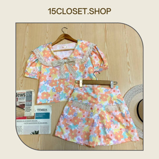 ชุดเซตเสื้อครอปคอปกกะลาสี งานแขนตุ๊กตา+กางเกงขาสั้น งานลายดอกไม้