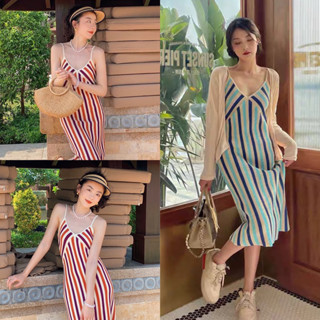 พร้อมส่ง Flower Maxi dress เดรสสายเดี่ยว ผ้านิตติ้ง โทนสีสลับ เหมาะใส่ไปทะเลมากแม่ เดรสกระโปรงยาว