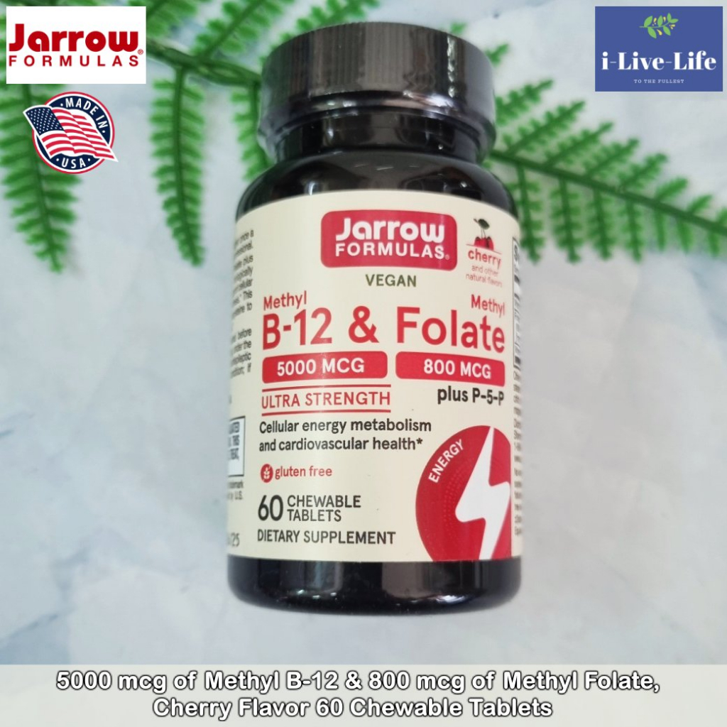 Jarrow Formulas - 5000 mcg of Methyl B-12 & 800 mcg of Methyl Folate 60 Chewable Tablets วิตามินบี