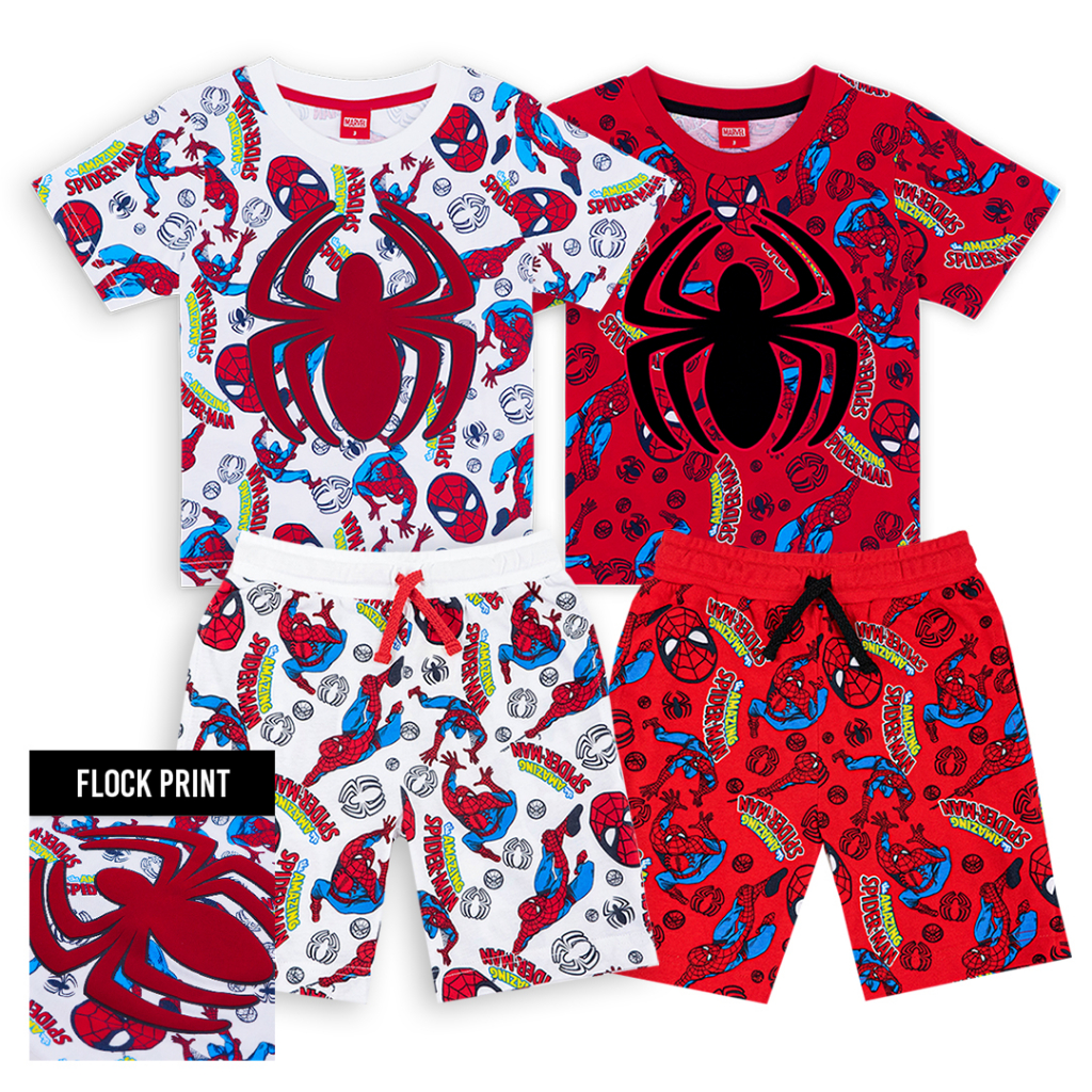 Marvel Boy Spider-Man Flock Print T-Shirt - เสื้อมาร์เวลเด็กผู้ชายพิมพ์กำมะหยี่ ลายสไปเดอร์แมนเด็ก1-7ปีcharacters studio