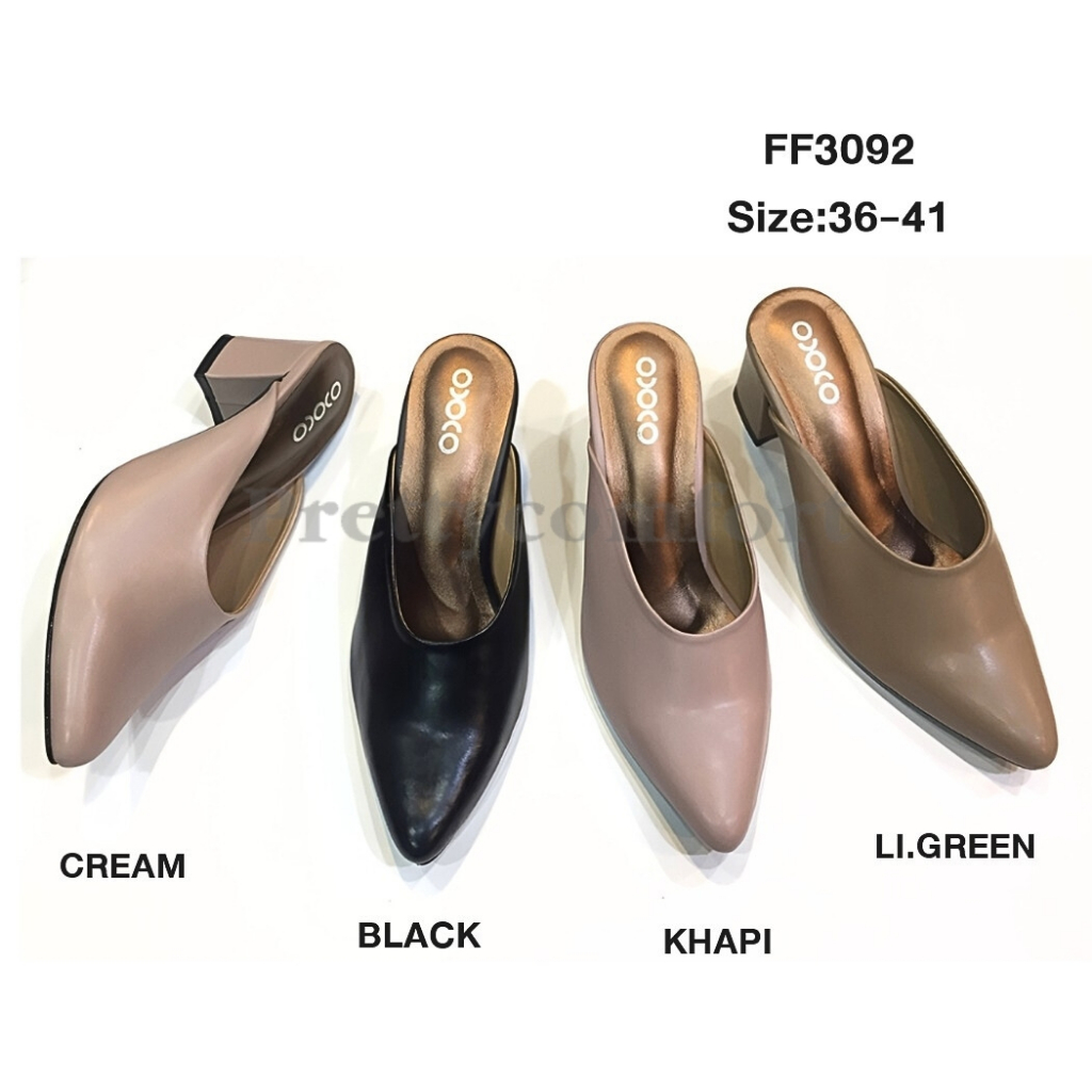 Prettycomfort รองเท้าแฟชั่น หน้าเรียว หุ้มหัว เปิดหลัง หัวแหลม สูง2 นิ้ว หนังนิ่ม ใส่สบาย FF3092