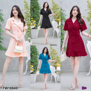 18849 เดรสปกสูทแขนสั้น ต่อระบายชาย Suit collar dress, short sleeves, ruffled hem