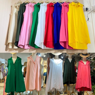 cotton dress ชุดเดรสสั้น แขนกุด คอปก ทรงน่ารัก สีพื้นสวยๆ