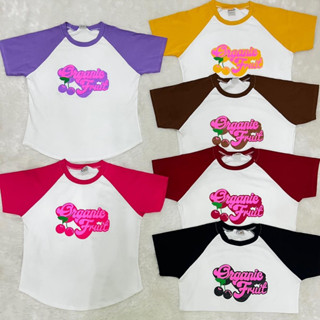 เสื้อยืดคอกลมสาวอวบ แขนทูโทนสกรีนcherry อก40-50