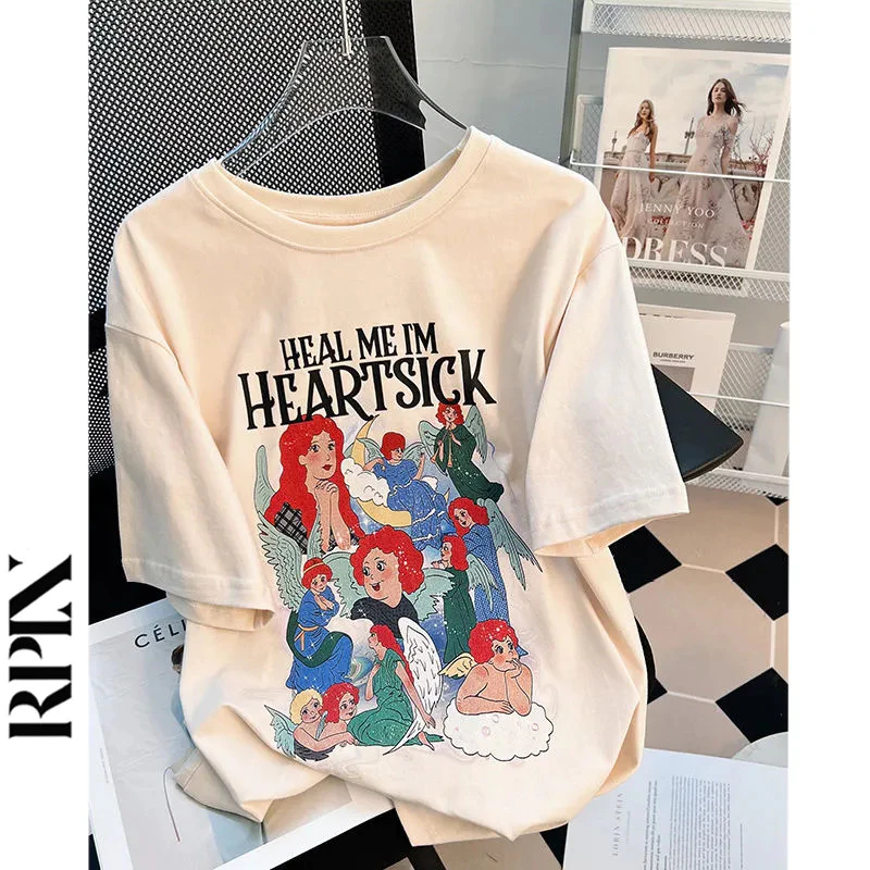 เสื้อยืดลายการ์ตูนผู้หญิงน่ารักๆ Oversize เสื้อผ้าแฟชั่นวินเทจ สีครีม สไตล์เกาหลี เสื้อโอเวอร์ไซต์สกําลังฮิตใหม่ล่าสุด