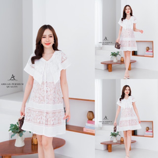 Code : M9 Abigail Dress ชุดเดรสสั้นลูกไม้แต่งปกคลุมไหล่ สีขาว สำหรับผู้หญิง ไซส์ S-L