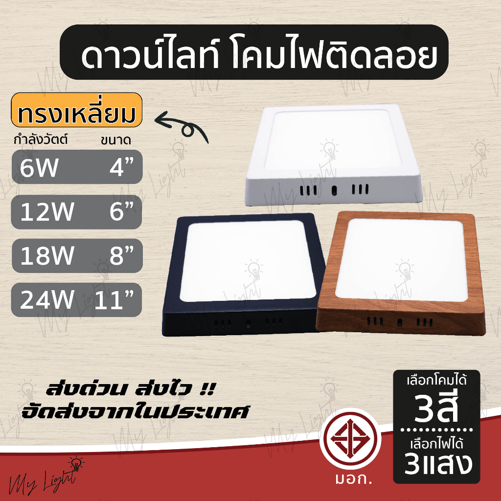 ดาวไลท์ติดลอย ดาวไลท์ LED ทรงเหลี่ยม 6W 12W 18W 24W ขนาด 4นิ้ว 6นิ้ว 8นิ้ว 11นิ้ว
