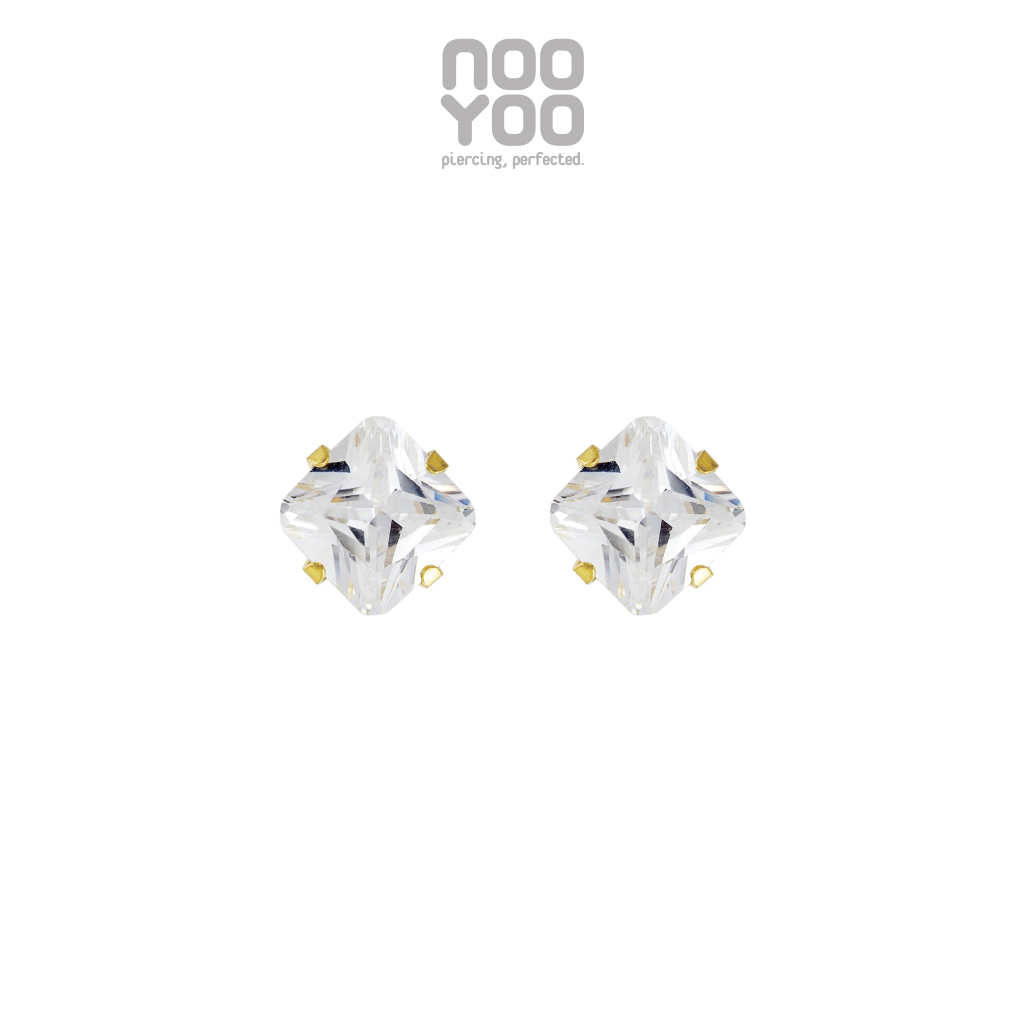 NooYoo ต่างหูสำหรับผิวแพ้ง่าย Cubic Zirconia Princ. Cut Surgical Steel (ก้านขาว/ก้านทอง)