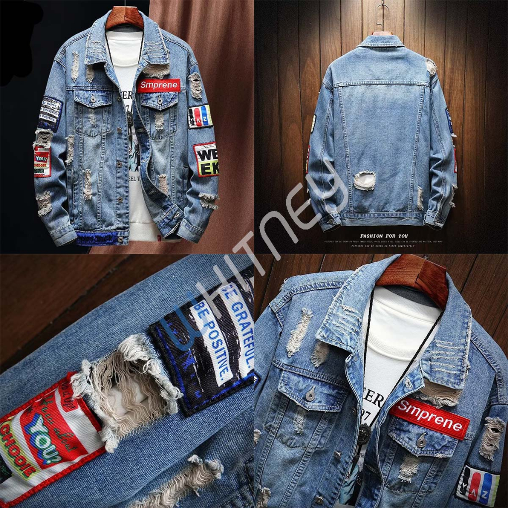 เสื้อยีนส์ แต่งขาด Sup ปักแขน  ทรงสวย เนื้อผ้ายีนส์  เสื้อแจ๊คเก็ตยีนส์ (8515)