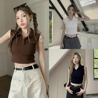 เสื้อครอป เสื้อโปโล สไตล์เกาหลี การออกเเบบไร้เเขวน ใส่ได้ทุกกรณี #60281