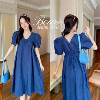 chuuchop_พร้อมส่ง(C8201)🫐🧵🧦Bowie denim dress ชุดเดรสยาวยีนส์ แขนตุ๊กตา