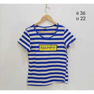 เสื้อยืด Brand YongHao ลายทางน้ำเงินขาว สกรีน Happy size XL อก 36 ยาว 22