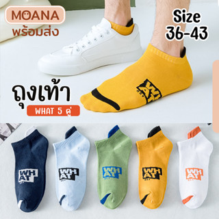 พร้อมส่ง : ถุงเท้าผู้ชาย ข้อสั้น WHAT 36-43  มี 5 สี  ลายน่ารักเนื้อผ้านุ่ม