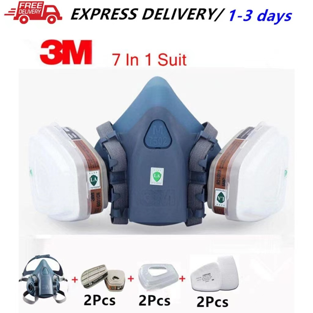 3M หน้ากากกันสารเคมี หน้ากากกันก๊าซพิษรุ่น 7502 จัดชุด7ชิ้น ป้องกันฝุ่นละออง และก๊าซพิษผ้ากรองคอตตอน 5N11 (ตัวกรอง 6001)
