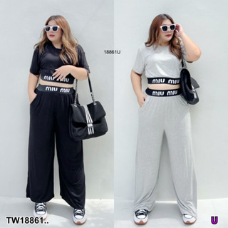 18861 set #Bigsize 2 ชิ้น เสื้อครอปแขนสั้น แต่งขอบยาง + กางเกง Set of short sleeve crop top with rubber trim + pants