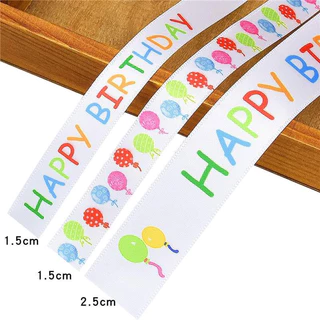 ริบบิ้นผ้าซาตินพื้นขาวพิมพ์ลาย happy birthday Just for you ลายจุด ลายดอกไม้ ขนาด 1.5/2/2.5 cm