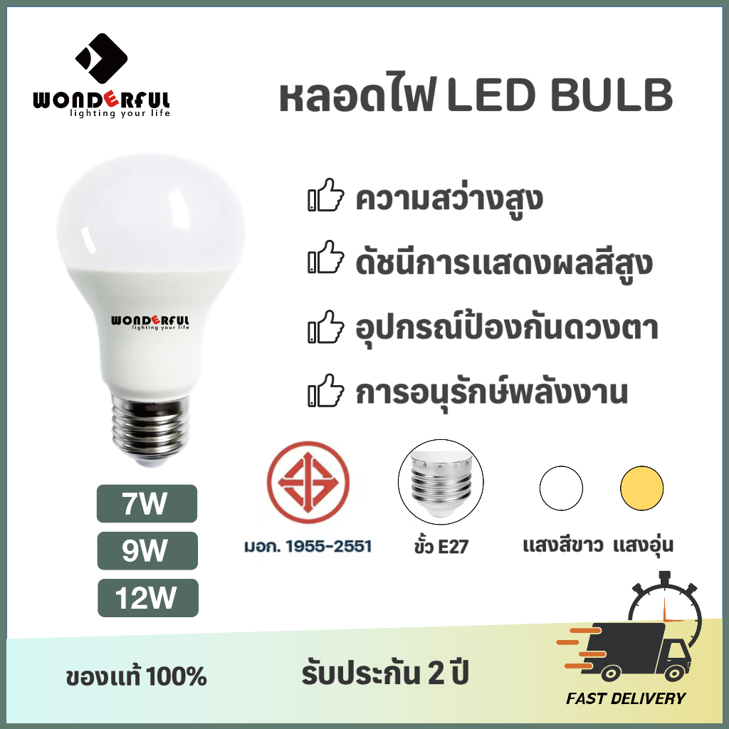 WONDERFUL หลอดไฟ led หลอดไฟบ้าน led หลอดไฟแบบเปลี่ยนได้ 9W/12W สีแสงสีขาว/แสงอุ่น E27 ความสว่างสูง
