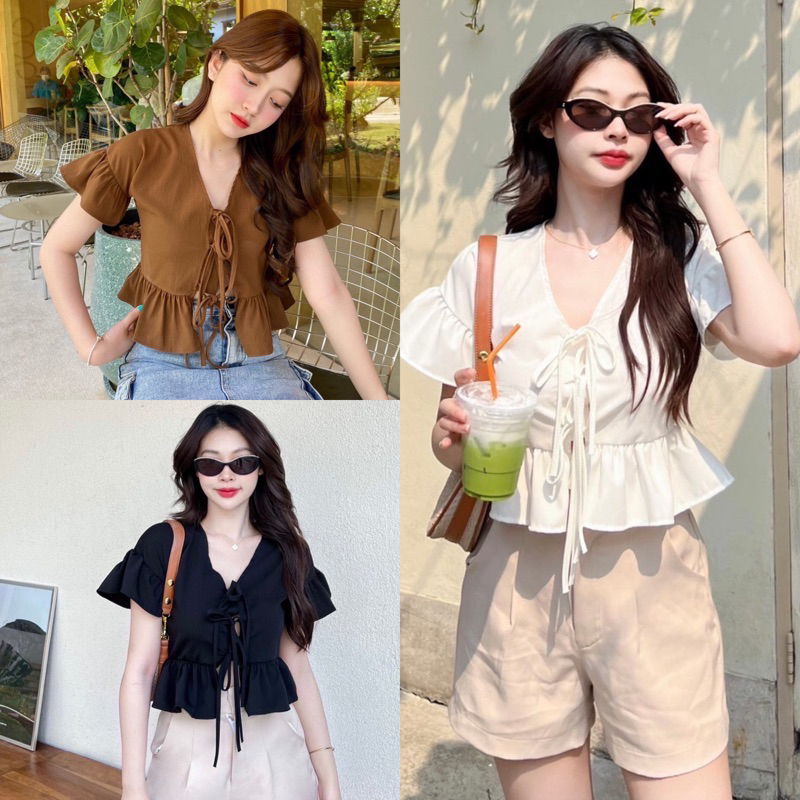 mayylody เสื้อครอป ผูกข้างหน้าแต่งระบาย น่ารักสุดๆๆเซ็กซี่เบาๆๆ ครอป ครอปท็อป