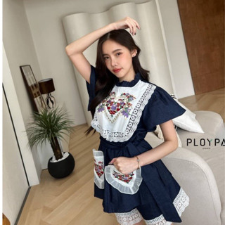 💙IN HART SET🧚🏻‍♀️ เซทสไตล์เกาหลีผ้ายีนส์เดนิมสีเข้มนะคะ ดีไซน์น่ารักมากๆด้านหน้าปักลายดอกไม้สีม่วงเพิ่มความหวาน