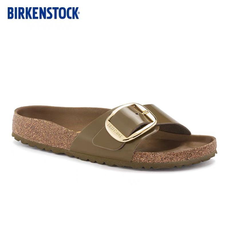 Birkenstock-Madrid Big Buckle Natural Leather Patent High Shine Mud Green
