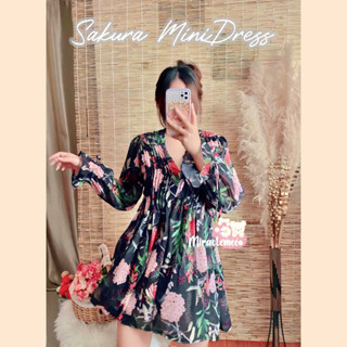 พร้อมส่ง Sakura Dress เดรสคอวีลายดอกไม้ โทนสีดำ ผ้าชีฟองเนื้อดี ใส่แล้วพริ้วสวย เดรสกระโปรงสั้น งานป้ายbeidi