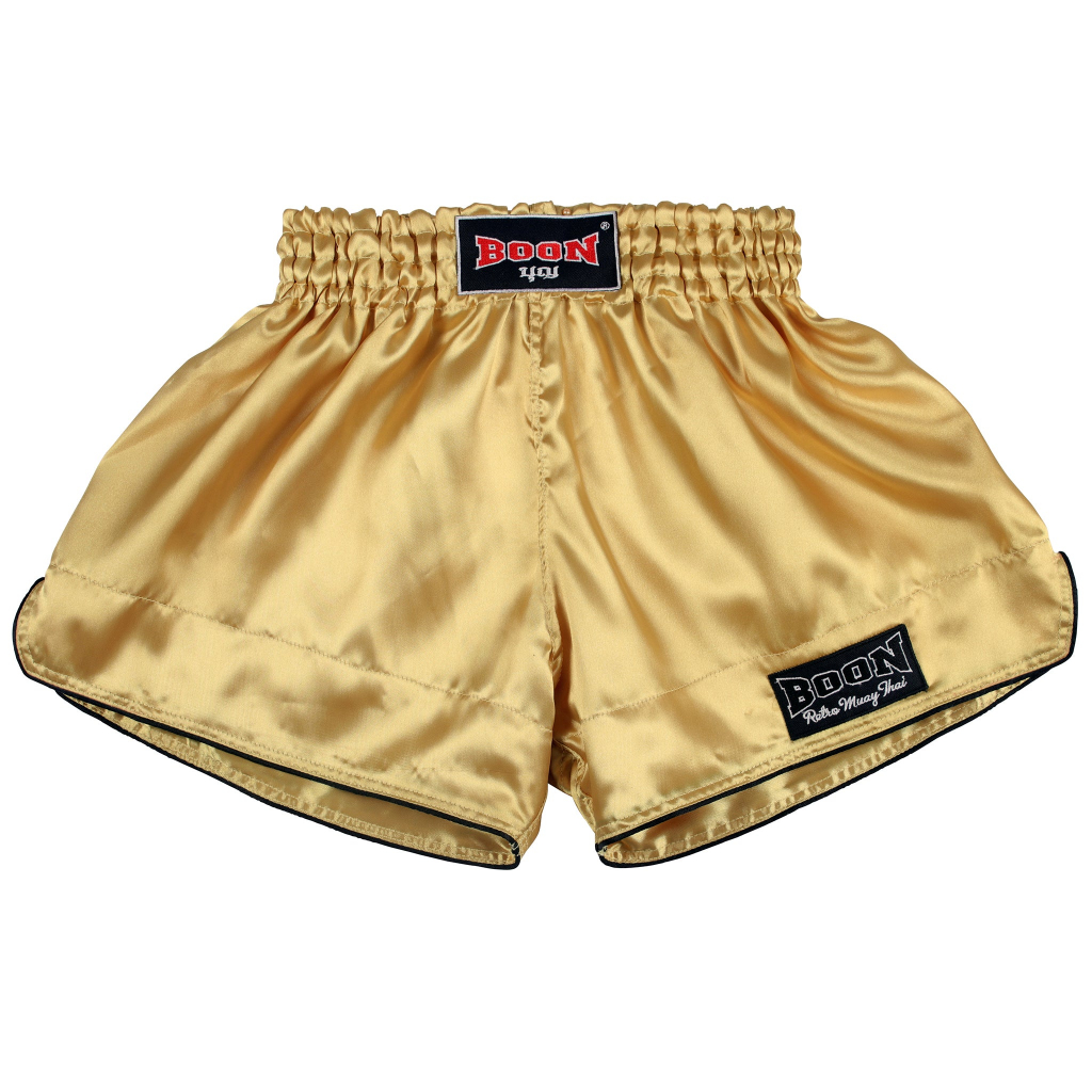 RSGO Retro Muay Thai Shorts GOLD กางเกงเรทโทรมวยไทยสีทองเส้นดำ
