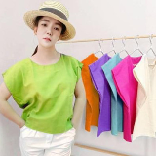 เสื้อผ้าฝ้ายสีพื้น คอกลม แขนล้ำ ฟรีไซส์ อก 32-40” ใส่ได้ ยาว 19-20” หน้าผ้า 42"