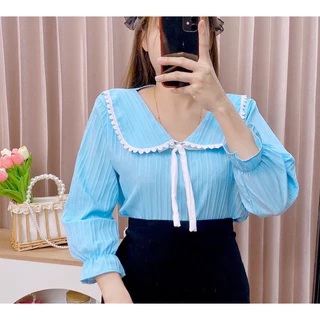 แฟชั่นคอบัวติดลูกไม้ขอบ เเขนยาว ผ้าพื้นร่อง อก40ยาว23