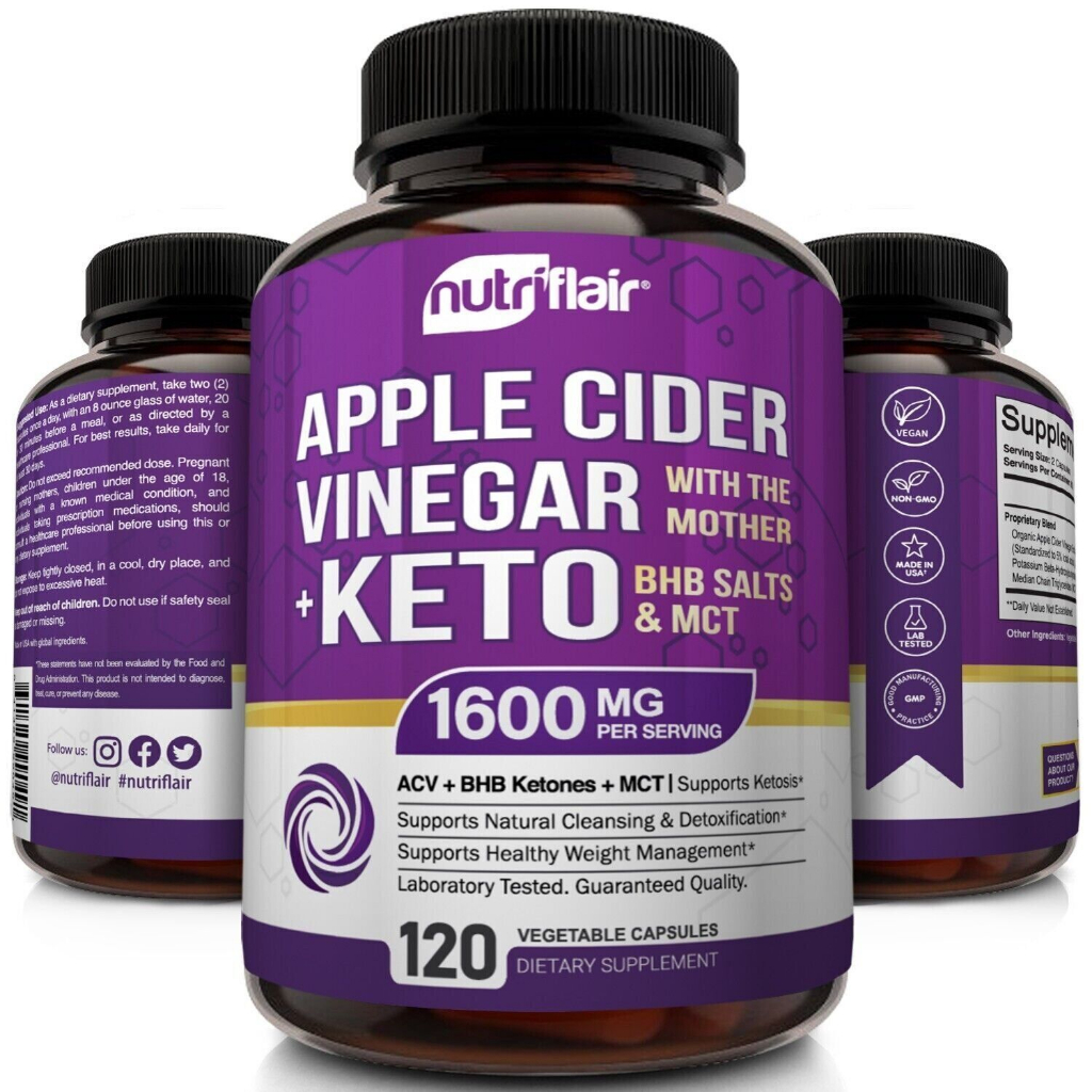 แอปเปิ้ลไซเดอร์ พุงยุบ เร่งเผาผลาญ Raw Apple Cider Vinegar Capsules with Mother(ACV) + Keto Diet Pills BHB Salts 120caps