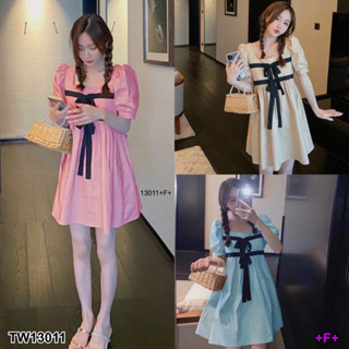 J13011 Dress เดรส คอเหลี่ยม แขนตุ๊กตา อกผูกริบบิ้น Square neck dress, doll sleeves, ribbon bust