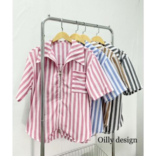 oilly เสื้อคอปก แขนสั้น ซิปหน้า 2 หัว รูดได้บน-ลาง แต่งกระเป๋าหน้าอก