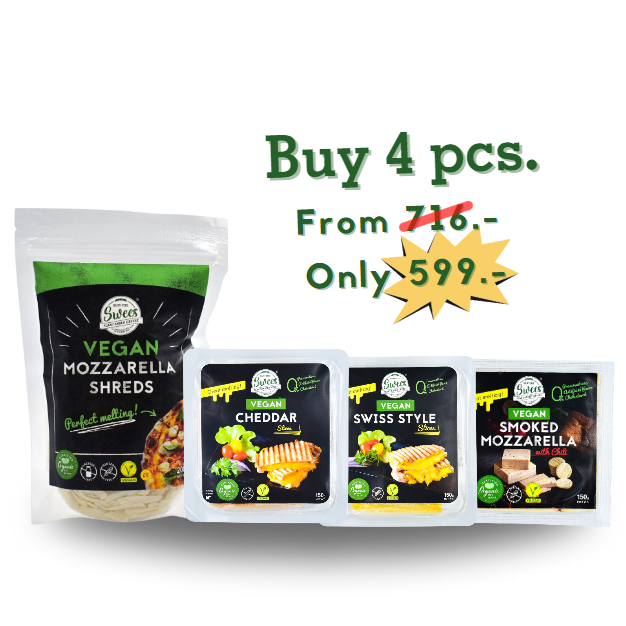 ชีสวีแกน 4 cheese (Cheddar slices, Swiss Style slices, Mozzarella Shreds, Smoked Mozzarella) by Swee