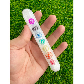 5-6 inches Selenite wand with 7 Chakra Sign with Color Carving charging bar,White ,Big Stick wand