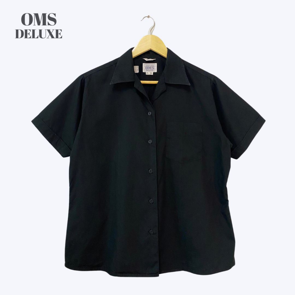 เสื้อเชิ้ตคอปกแขนสั้น ผู้ชาย สีดำ มือสอง สภาพใหม่ ป้าย oms deluxe ญี่ปุ่น