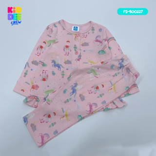 KiddeeCrew ชุดนอนเด็ก ชมพูพิมพ์ลายม้ายูนิคอน ระบายชาย เหมาะสำหรับอายุ 1-14 ปี